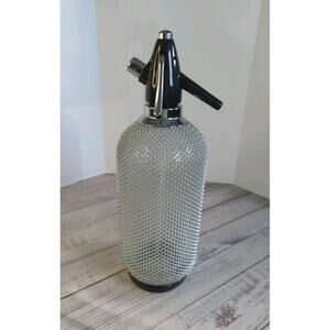 Vintage 14” Syphon Glass Seltzer Bottle Silver Mesh Classic Soda Water Siphon